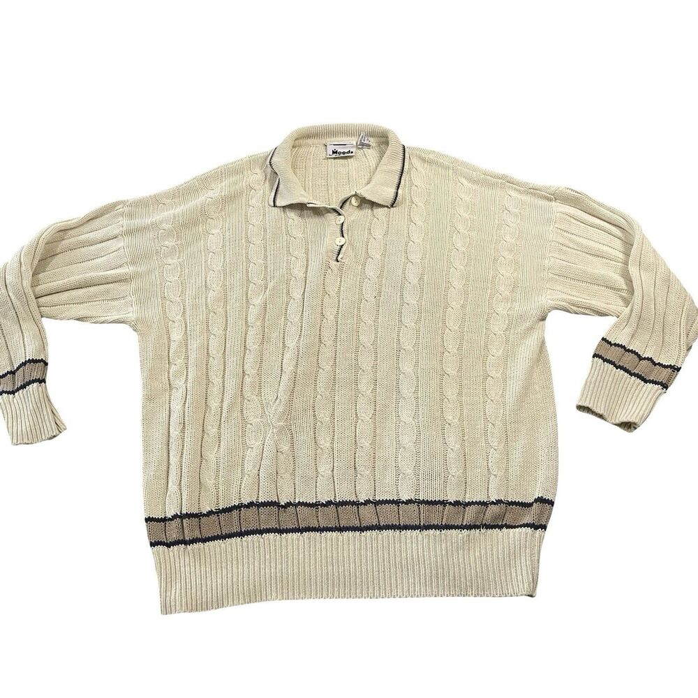 Moods By Krizia Sweater Women's Large Cable Knit Collared Lightweight Preppy